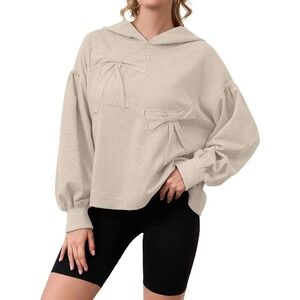 Women's Beige Hoodie Bow Detail Balloon Sleeve Casual Comfort Oversized Fit L